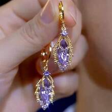 2 Pairs Luxury Fully Rhinestone Glitter Leaf Design Earrings, Exquisite Ear Hoops For High-End Style, Face Slimming Earrings - Violet Purple - View 4