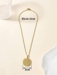 1pc Fashion Classic Vintage Solid Large Round Pendant Necklace With Double-Sided Pattern, Stainless Steel - Yellow Gold - View 3
