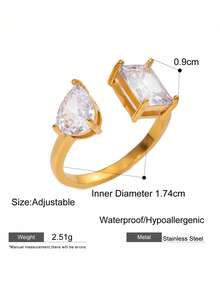 几何 Ins 风格不锈钢锆石开口戒指，高档戒指设计，精致轻奢女士珠宝，女士日常派对配饰，时尚珠宝，最佳朋友礼物 - 金色 - 查看 15