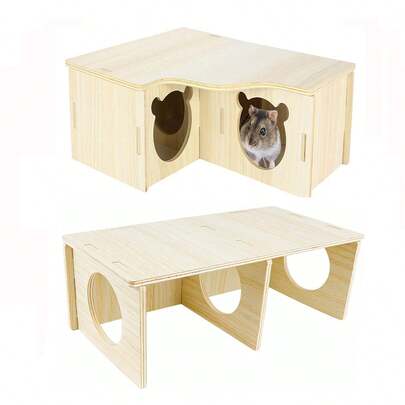 Multi-Chamber Hamster House Maze, 3-Room Hideouts, Wooden Hamster Maze & Tunnel Exploring Toys, Hamster House Habitats Decor For Hamster Mice Gerbils Lemmings