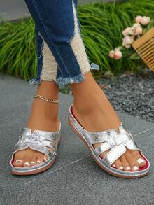 大码 36-43 夏季新款时尚休闲金色坡跟凉鞋，日常穿着露趾轻便银色女士坡跟厚底凉鞋 - 銀色褶皺 - 查看 6