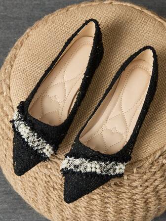 女士尖头一脚蹬平底鞋，法式低帮派对珍珠装饰软底工作鞋，Fairy Breeze 毛茸茸休闲一脚蹬乐福鞋