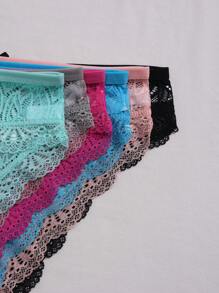 6pcs Solid Color Romantic-Style French Knit Fabric Bow Decor Breathable Lace Women's Panties