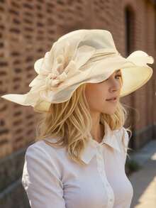 Elegant Women's Sun Hat With Floral Sheer Veil, Wavy Brim, Wide Brim Summer Outdoor Hat - Multicolor - View 4