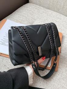 Fashionable Versatile Diamond Lattice Chain Strap Crossbody Shoulder Bag - Black - View 9