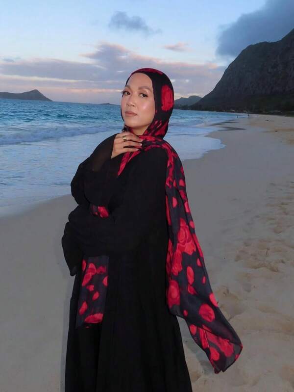 1pc Women's Bohemian Style Rose Printed Pearl Chiffon Reversible Headscarf, Sun-Protection Scarf, Elegant Multi-Purpose Shawl For Everyday Use, Suitable For Abaya