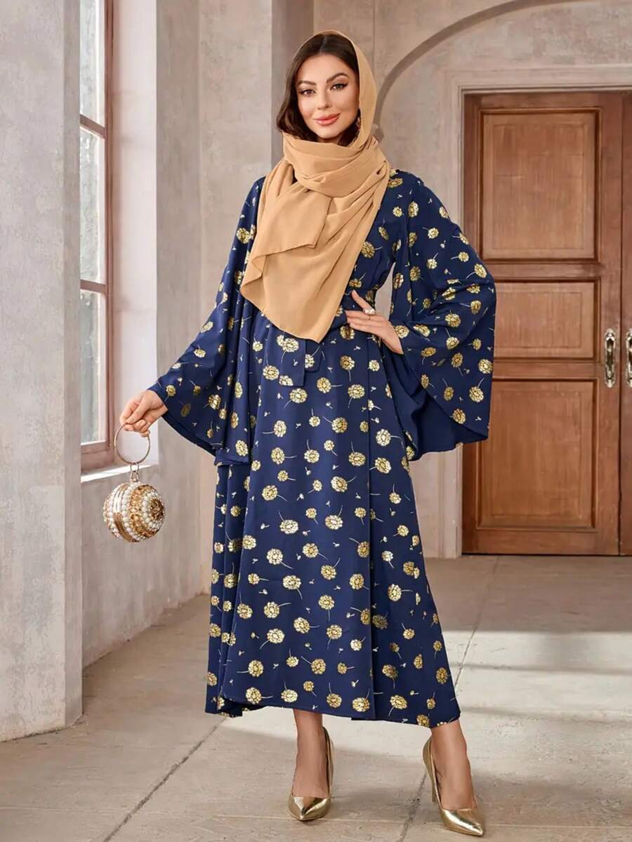 Elegante bata de manga larga con adorno de encaje metálico con estampado floral retro - azul real - Ver 1