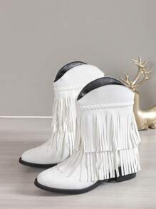 2025 Autumn/Winter New Pointy Toe Fringe Lace-Up Embroidery Western Boots, Outdoor Fashionable Slip-On Leather Boots
