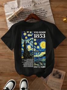 Blusa de verano informal con camiseta tributo a la pintura "La noche estrellada" de Van Gogh y estampado de números 1853, blusa de primavera y verano cómoda, de cuello redondo y mangas cortas, camiseta gráfica para mujeres