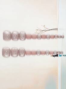 24pcs Short Square Shaped Nude Color Gradient Glitter Translucent Nail Tips, Spring/Summer Detachable Nail Art Decoration Kit, Moisturizing, Reusable, With 1 Nail File And 1 Nail Buffer Block Included Toe Nails