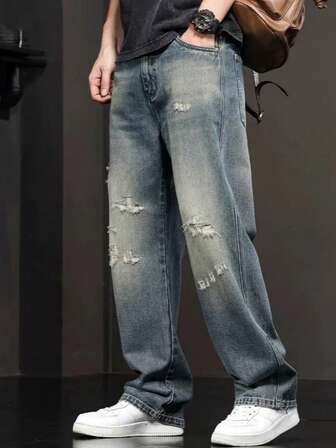 青少年男孩复古美式褪色水洗做旧休闲牛仔裤，春秋季新款长款直筒裤，适合年龄较大的青少年男孩