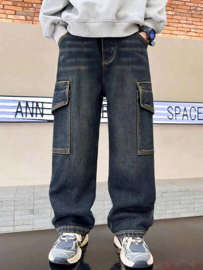 Older Teen Boy/Teens Boys' Loose Fit Multi-Pocket Casual Denim Jeans, Versatile Straight Leg Pants, Spring/Autumn