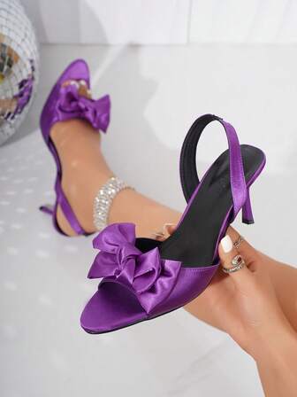 紫色女士高跟凉鞋，蝴蝶结露趾尖头缎面优雅大方，适合正式派对