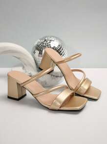 French Style White Simplistic Square Toe High Heel Sandals, Synthetic Leather Chunky Heel Suitable For Street, Dates, Parties, Banquets, And Work