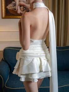 Women's Elegant White Backless Bodycon Mini Dress, Solid Color, Graceful For Summer - White - View 2