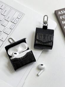 鳄鱼纹 1 件装纯黑色石纹皮革耳机保护壳带挂钩，适用于 Apple 1/2、Pro 2/3、4