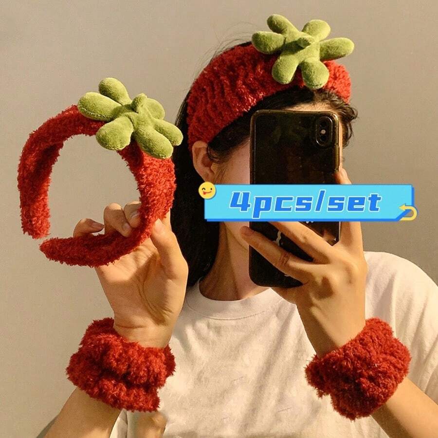 Conjunto de accesorios para el cabello de mujer, diadema de felpa roja con diseño de fresa linda para que las mujeres se apliquen mascarillas faciales, diadema para el cabello para el baño, maquillaje en el hogar, decoración de otoño, de vuelta a la escuela