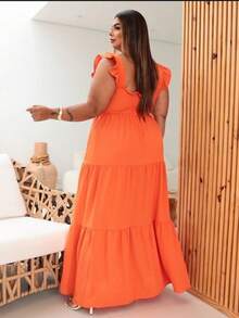 Long Plus Size Dress, With Straps, Three-Mariah Ruffle, Latex On The Back, Women's Fashion, Elegance, Versatile, In Duna Fabric. - 橘色 - 查看 2