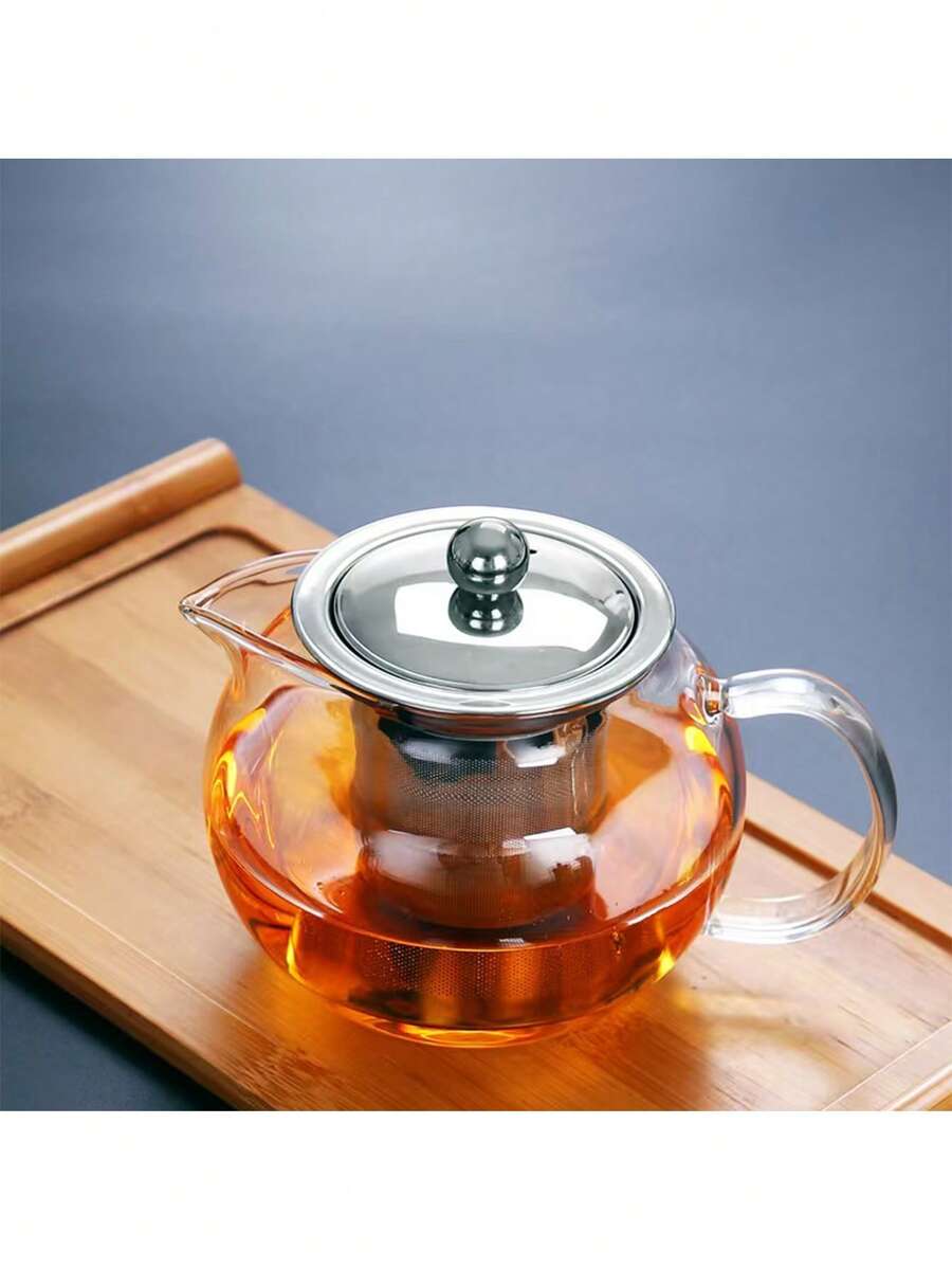 1pc Heat-Resistant Glass Teapot With Infuser,Thickened Apple Flower Tea Pot,Household High-Temperature Resistant Tea Maker Back To School - Transparent - View 1