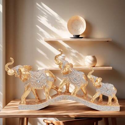Ensemble de 3 ornements d'éléphants dorés, style de décoration de maison de luxe européen, cadeau de fête (non électrique), convient pour la maison, le bureau, le comptoir, la décoration de statues de bureau