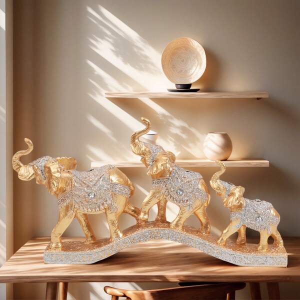 Juego de 3 adornos de elefante dorados, decoración de lujo estilo europeo para el hogar, regalo navideño (sin electricidad), adecuado para decoración del hogar, oficina, encimera, estatua de escritorio