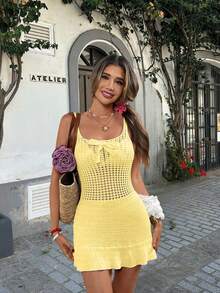 女士蝴蝶结镂空迷你沙滩裙，夏季服装，夏季裙子，白色迷你裙，沙滩女士连衣裙 - 黃色 - 查看 3