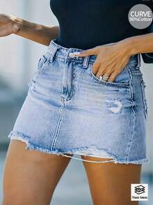 女士不对称破洞牛仔裙，时尚百搭，适合夏季休闲穿着 - 淺色水洗藍 - 查看 9