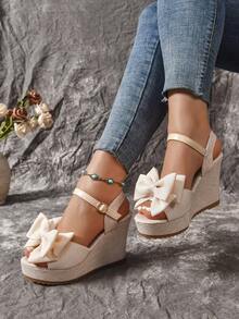 Women's Bow Decor Rope Sole Sandals, Vacation Style Pink Wedge Heel Sandals, Summer - Beige - View 2