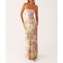 Women Long Dress Floral Print Sleeveless Cami Dress Summer Cross Tie-Up Backless Fashion Spaghetti Strap Dress - 米色 - 查看 1