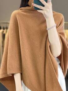 1 pièce Poncho en laine de mérinos 100% pour femmes, châle ample tricoté avec col roulé, cape asymétrique surdimensionnée