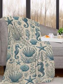 1pc Cozy & Warm Seashell & Starfish Flannel Blanket, Sports Style, Keeps Warm, Stain Resistant, Perfect Gift For Holiday, Birthday And Special Occasions