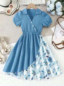 Tween Girls' Solid Color Patchwork Puffed Sleeve V-Neck Dress