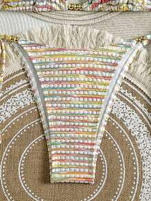 多色条纹优雅性感串珠吊带开叉比基尼套装