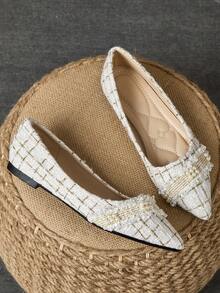 WHDXY Women's Pointed Toe Flat Shoes, French Low Vamp Party Style With Pearl Decor, Soft Sole Work Shoes, Fairy Style Slip-On Flat Shoes, Furry Casual Cardigan - Khaki - View 4