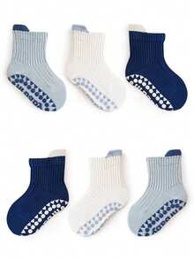 3 Pairs Toddler/Kids' Solid Color 100% Cotton Striped Crew Socks, Cute Daily Indoor Non-Slip Baby Socks - Multicolor - View 2
