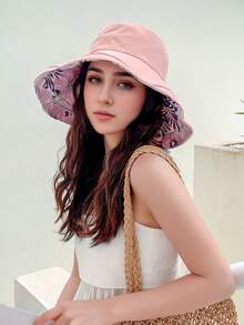 1pc Outdoor Wide Brim Sun Hat, Double-Sided Floral Pattern Reversible Sun Protection Beach Hat, UV Protection Bucket Hat