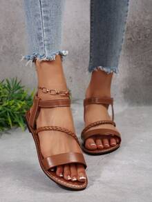 Stil european și american de mărime mare pentru femei, confortabile, cu bretele simple, cu flori mari, cu vârful pătrat, sandale plate, pantofi de vară pentru plajă. - Maro ruginiu - Vizualizare 4