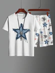 2 piezas Conjunto informal de verano para hombre, camiseta de cuello redondo con bloques de color y conjunto de pantalones cortos con cordón, traje de playa y entrenamiento, tallas grandes