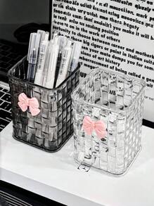 1 pièce Boîte de rangement de bureau transparente avec nœud papillon rose décoratif, porte-stylo et étui de rangement, idéale pour les fournitures de retour à l'école, le bureau, le dortoir, le maquillage, les soins de la peau et les essentiels de bureau