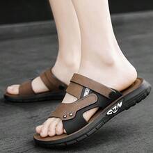 New Solid Color Casual Hollow Out Slippers For Men, Casual Strap Beach Sandals Summer Outdoor - Khaki - View 9