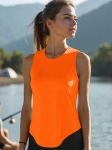 Orange Women Sports Tank Top With Wide Shoulder Cut And Rounded Hem Delivers Vibrant Style Ideal For Hiking Gym Sessions And Group Class Activewear - Orange - View 6