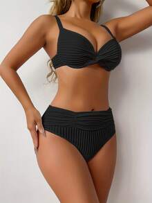 Plain Textured Hard Cup Bikini, Fashionable For Summer - Black - View 5