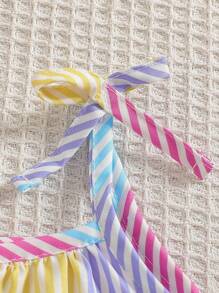 Baby Girls Toddler Cute Colorful Striped Floral Print Strap Bow Dress, Ruffled Hem, Multi-Color, Suitable For Newborn To 3 Years Old, Spring/Summer Outdoor Or Daily Wear