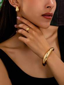 4pcs Thick Solid Gold Minimalist Geometric Water Drop Shiny Black Metal Fashion Jewelry Set Including Bracelet, Ring, Earrings, Elegant Everyday Accessories, Spring Design Open Bangles - As Shown - View 12