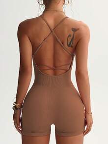 TCVC 女式纯色露背运动连体裤，透气舒适无袖工字背连体裤，适合瑜伽、健身房、锻炼、四季塑身衣 - 卡其色 - 查看 3