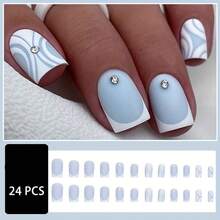 24pcs Light Blue Press On Nails With Rhinestones - Short Square Tip, Suitable For French Manicure Nail Supplies - Blue - View 2