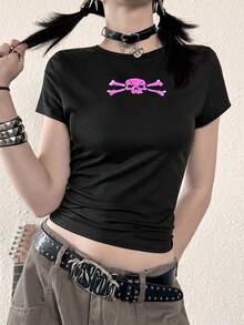 Camiseta de estilo callejero punk con estampado gótico de calavera de manga corta retro - Negro - Ver 6