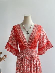 Rusttydustty Women's Blue Floral Print Crossover V-Neck Flare Sleeve Dress, Boho Music Festival Beach Outfit, Tropical Vacation Elegant Summer - Orange - View 8