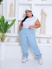 Women's Plus Size Sweatpants - 淺藍色 - 查看 3