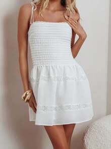 Women's Graduation Slip Dress Sheer Lace Patchwork Sleeveless Tie Spaghetti Strap Backless Mini Dress - White - View 4
